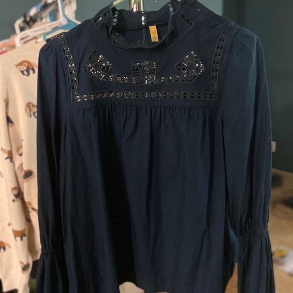 Free People Navy Blue Another Eternity Crochet Mock Neck Bell Sleeve Top S P - Picture 4 of 6